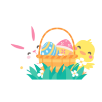 Cartoon chick with Easter eggs in the grass and Easter egg search activity with children. png