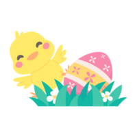 Cartoon chick with Easter eggs in the grass and Easter egg search activity with children. png