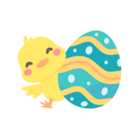 Cartoon chick with Easter eggs in the grass and Easter egg search activity with children. png