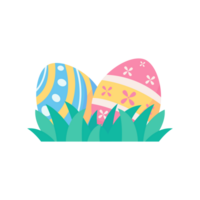 A cartoon bunny hiding behind colorfully decorated Easter eggs during the Easter Egg Festival. png
