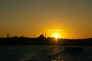 Istanbul photo. Silhouette of Istanbul and seagull at sunset. photo