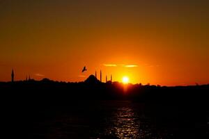 silueta de Estanbul a puesta de sol. suleymaniye mezquita y Gaviota. foto