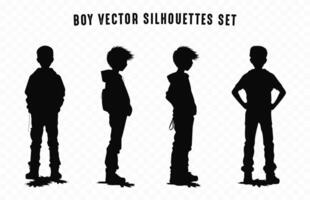 Set of Boy black Silhouette Vector icon, Young boy standing Silhouettes, Teenage boy Silhouette in different poses