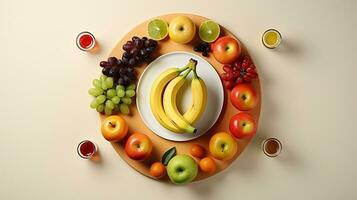 AI generated beautiful arrangement of orange, apple, pear, banana, and grape on table. Generative AI photo