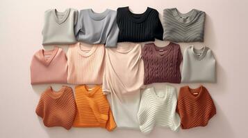 AI generated beautiful arrangement of sweaters on table. Generative AI photo