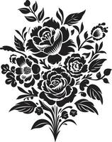 Clásico florecer popurrí negro vector ramo de flores radiante pétalo conjunto decorativo negro emblema