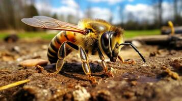 AI generated Photo of Honey Bee on a ground. Generative AI