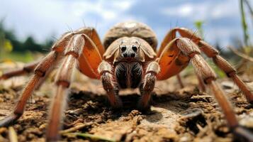 ai generado foto de tejedor de orbes araña en un suelo. generativo ai