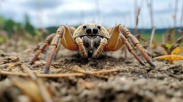 AI generated Photo of Wolf Spider on a ground. Generative AI