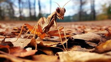 ai generado foto de muerto hoja mantis en un suelo. generativo ai