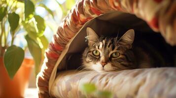 AI generated Photo of a cat peeking out from a cozy cat bed. Generative AI