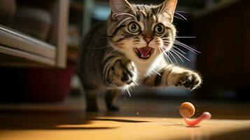 ai generado foto de un gato guata a un juguete ratón en un juguetón. generativo ai