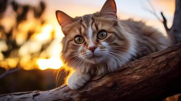 Photo of a cat perched on a tree branch against a sun. Generative AI