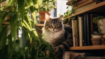 Photo of a cat sitting on a bookshelf. Generative AI