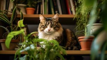 Photo of a cat sitting on a bookshelf. Generative AI