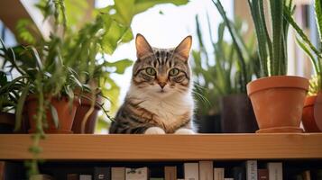 Photo of a cat sitting on a bookshelf. Generative AI