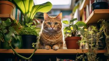 Photo of a cat sitting on a bookshelf. Generative AI