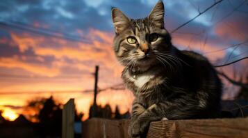 ai generado foto de un gato encaramado en un cerca en contra un crepúsculo. generativo ai