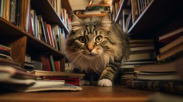 ai generado foto de un dañoso gato explorador un estante para libros. generativo ai