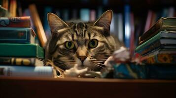 ai generado foto de un dañoso gato explorador un estante para libros. generativo ai