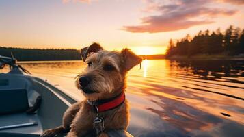 AI generated Photo of a dog enjoying a boat ride on a serene lake. Generative AI