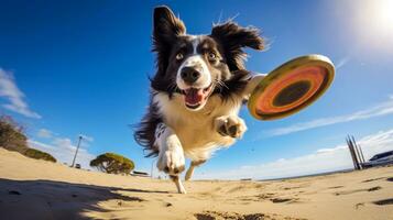 ai generado foto de un atlético perro participativo en un frisbee generativo ai