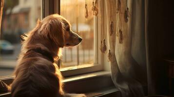 AI generated Photo of a loyal dog sitting by the window. Generative AI