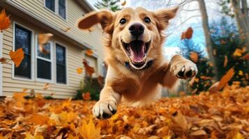 ai generado foto de un perro alegremente saltando dentro un pila de otoño hojas. generativo ai