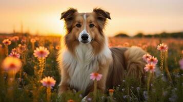 ai generado foto de un real perro posando en un campo de flores silvestres generativo ai