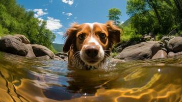 AI generated Photo of a dog cooling off in a crystal-clear mountain. Generative AI