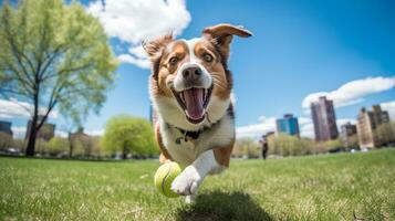 AI generated Photo of a happy dog playing fetch in a vibrant urban. Generative AI