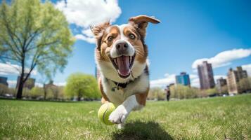 ai generado foto de un contento perro jugando ir a buscar en un vibrante urbano. generativo ai