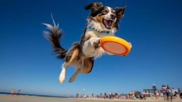 ai generado foto de un atlético perro participativo en un frisbee generativo ai