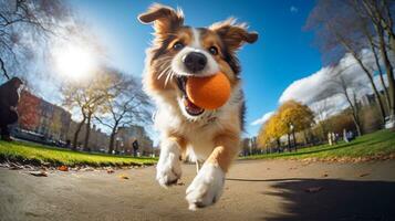 ai generado foto de un contento perro jugando ir a buscar en un vibrante urbano. generativo ai