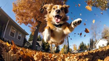ai generado foto de un perro alegremente saltando dentro un pila de otoño hojas. generativo ai