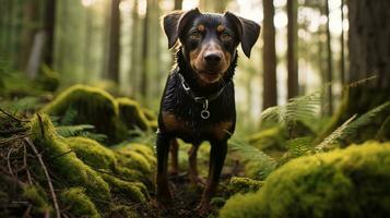 ai generado foto de un aventurero perro explorador un denso bosque. generativo ai