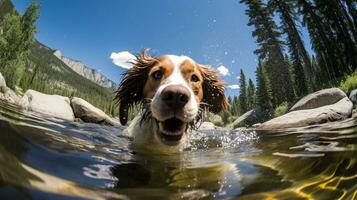 AI generated Photo of a dog cooling off in a crystal-clear mountain. Generative AI