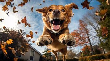 ai generado foto de un perro alegremente saltando dentro un pila de otoño hojas. generativo ai