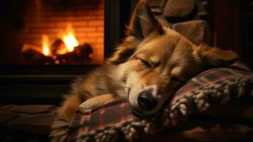 AI generated Photo of a sleepy dog curled up by the fireplace. Generative AI