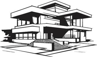 Contemporary Cityline Mansion Black Outline Villa Emblem in Urban Style Modern Urban Villa Sketch City House Icon in Crisp Black vector