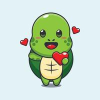 Cute turtle cartoon character holding love heart at valentine's day. vector