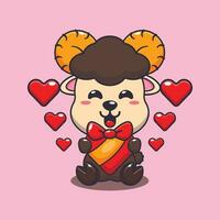 Cute ram sheep happy with love gift in valentine's day. vector