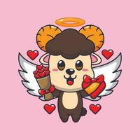 Cute ram sheep cupid cartoon character holding love gift and love bouquet. vector