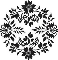 Vintage Floral Accents Handcrafted Black Vector Icon Noir Petal Swirls Hand Rendered Vector Emblem