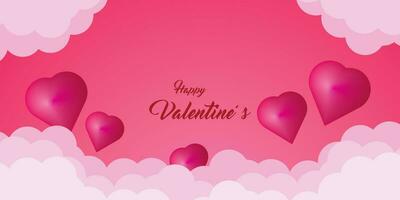 Background design with paper cut clouds. Place for text. Happy Valentine's Day sale header with hanging hearts. vector