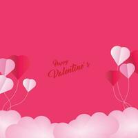 antecedentes diseño con papel cortar nubes sitio para texto. contento San Valentín día rebaja encabezamiento con colgando corazones. vector