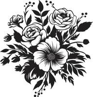 Whimsical Petal Posy Decorative Black Logo Enchanted Bloom Ensemble Black Floral Emblem vector