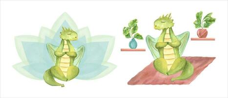 Dragon is meditating on mat. Plants in ceramic pots. Green Dragon sitting in lotus pose vector