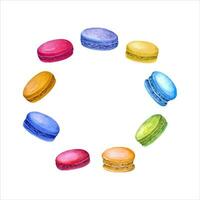 francés macarrones. guirnalda con almendra galletas, macaron pastel. dulce baya, Fruta postre, crema. vector