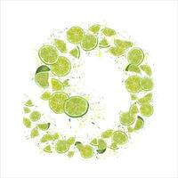 Swirl of lime slices in circular spiral. Ripe citrus fruits on splashes of juice. Yellow green swirl vector